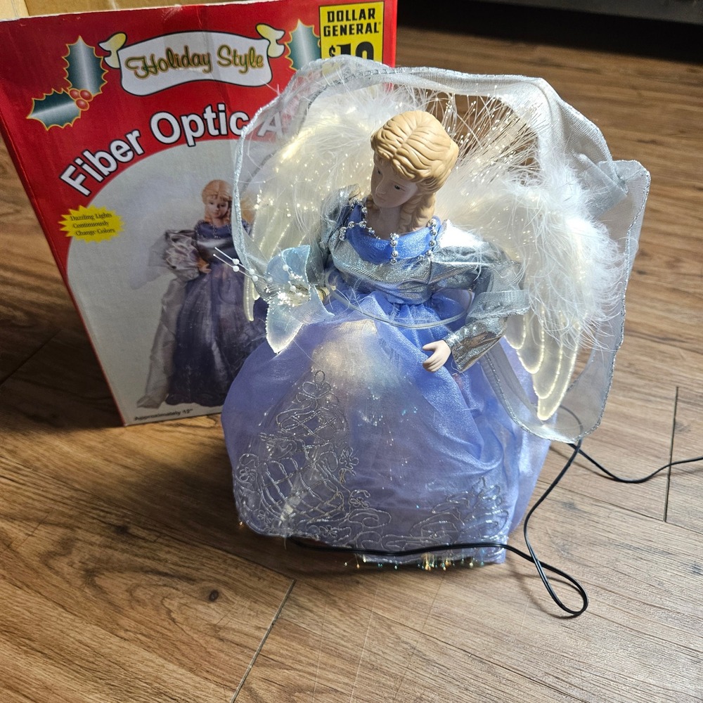 Holiday Style Fiber Optic Angel Tree Topper Blue Silver Iridescent 12" Christmas